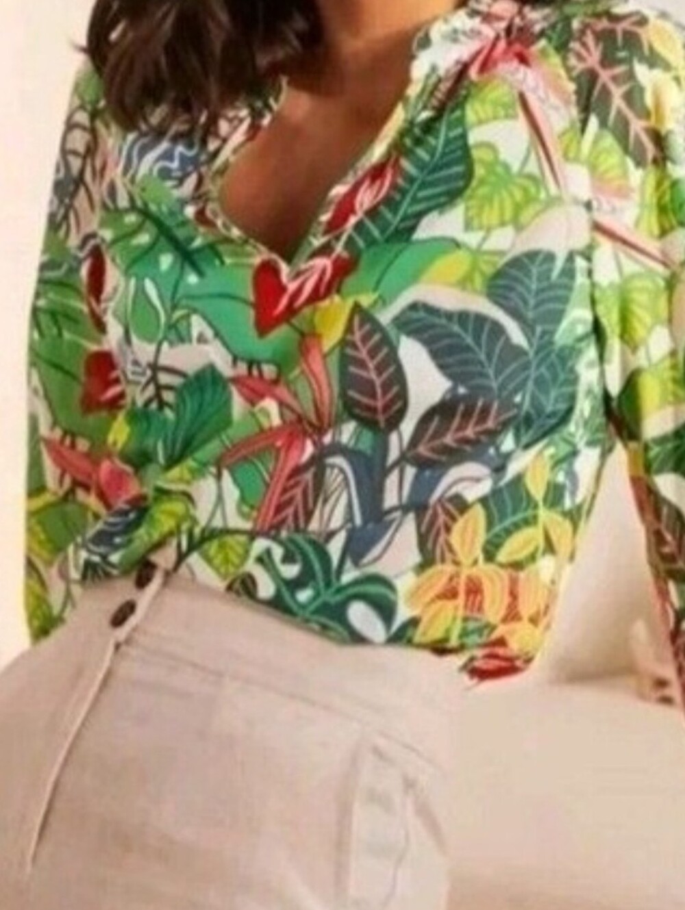 Boden Tropical Bird Print Cotton Blouse Ruffle Neck Palm Leaf Paradise